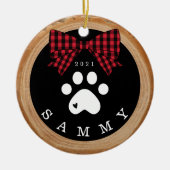 赤い格子柄のボウポープリントペットフォトウッドスライス セラミックオーナメント (正面)