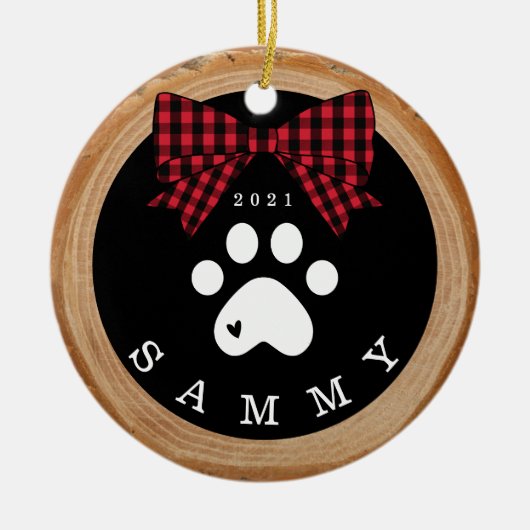 赤い格子柄のボウポープリントペットフォトウッドスライス セラミックオーナメント (正面)