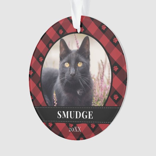 赤い格子柄の前足の跡がペット写真 オーナメント (正面)