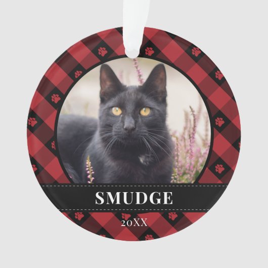 赤い格子柄の前足の跡がペット写真 オーナメント (正面)