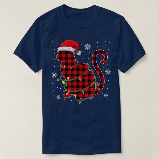 赤い格子柄の猫サンタハットクリスマスパジャマスファミリーX Tシャツ (デザイン正面)