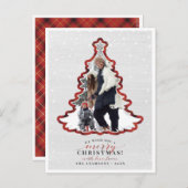 赤い格子模様と白い木のクリスマスツリーフレームフォト シーズンポストカード (正面/裏面)