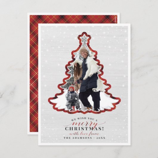 赤い格子模様と白い木のクリスマスツリーフレームフォト シーズンポストカード (正面/裏面)