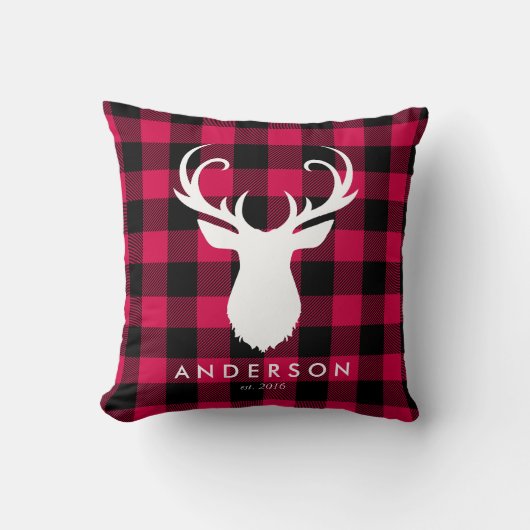 赤い格子模様と鹿のクリスマス クッション (正面)