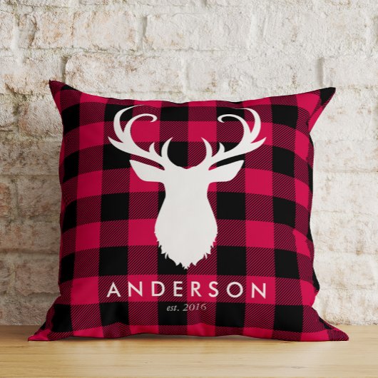 赤い格子模様と鹿のクリスマス クッション