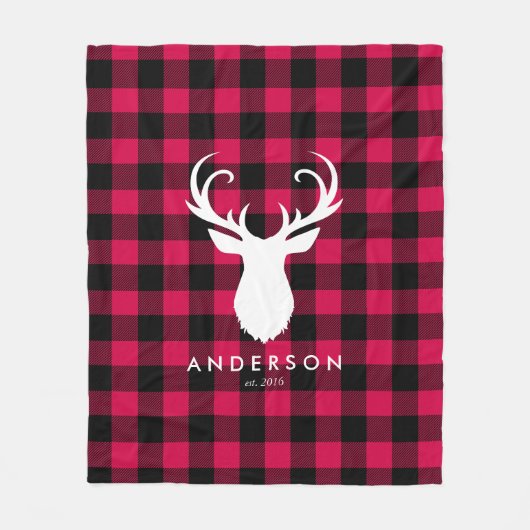 赤い格子模様と鹿のクリスマス フリースブランケット (正面)