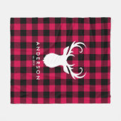 赤い格子模様と鹿のクリスマス フリースブランケット (正面(横))