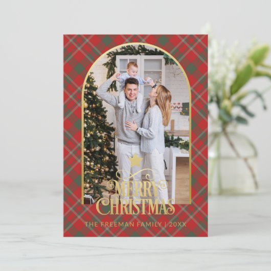 赤い格子模様のアーチ写真メリークリスマスカード シーズンカード (スタンド正面)