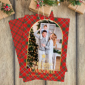 赤い格子模様のアーチ写真メリークリスマスカード シーズンカード