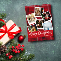 赤い格子模様のインスタントマルチフォト メリークリスマスカード