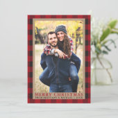 赤い格子模様のカップル写真メリークリスマスクラフト シーズンカード (スタンド正面)