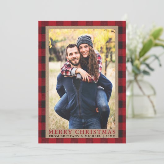 赤い格子模様のカップル写真メリークリスマスクラフト シーズンカード (スタンド正面)
