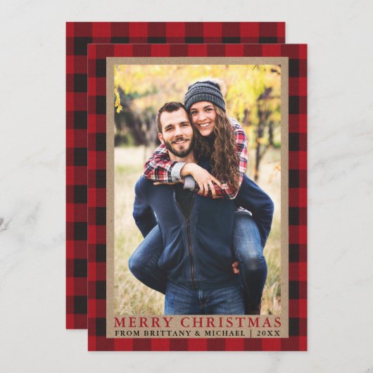 赤い格子模様のカップル写真メリークリスマスクラフト シーズンカード (正面/裏面)