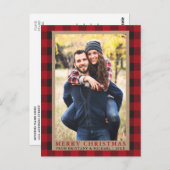 赤い格子模様のカップル写真メリークリスマスクラフト ポストカード (正面/裏面)