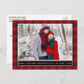 赤い格子模様のカップル写真メリークリスマス ポストカード (正面/裏面)