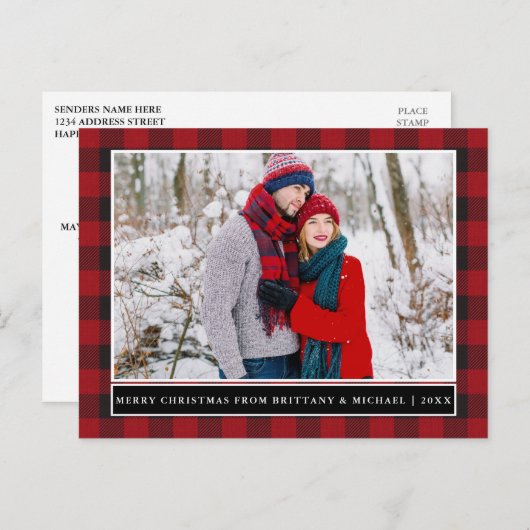 赤い格子模様のカップル写真メリークリスマス ポストカード (正面/裏面)