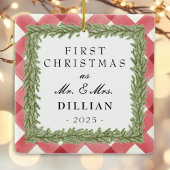 赤い格子模様のギンガム写真1stクリスマス結婚した セラミックオーナメント