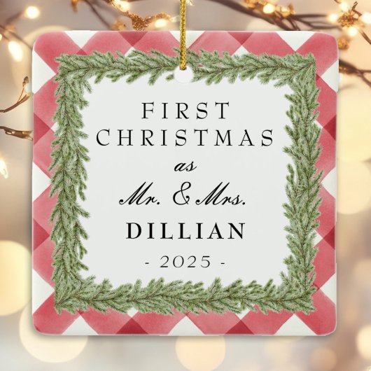 赤い格子模様のギンガム写真1stクリスマス結婚した セラミックオーナメント