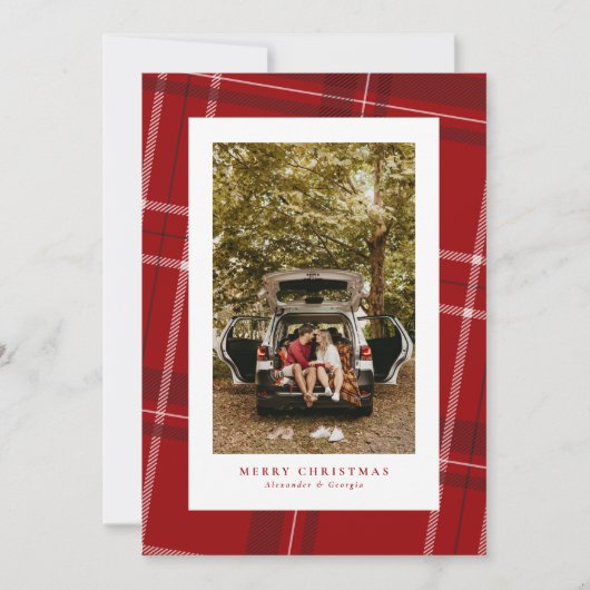 赤い格子模様のクラシックの休日の写真カード シーズンカード (正面)