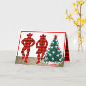 赤い格子模様のクリスマスを持つカントリーラインダンサー カード (黄色い花)