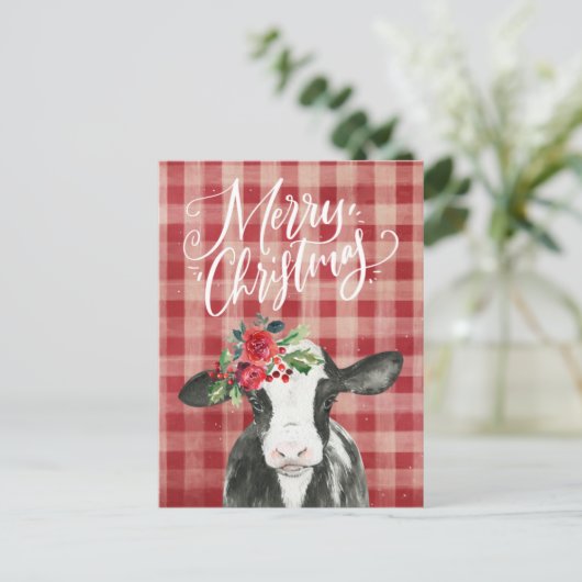 赤い格子模様のクリスマスカウグ シーズンポストカード (スタンド正面)