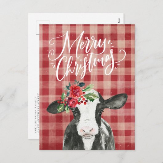 赤い格子模様のクリスマスカウグ シーズンポストカード (正面/裏面)