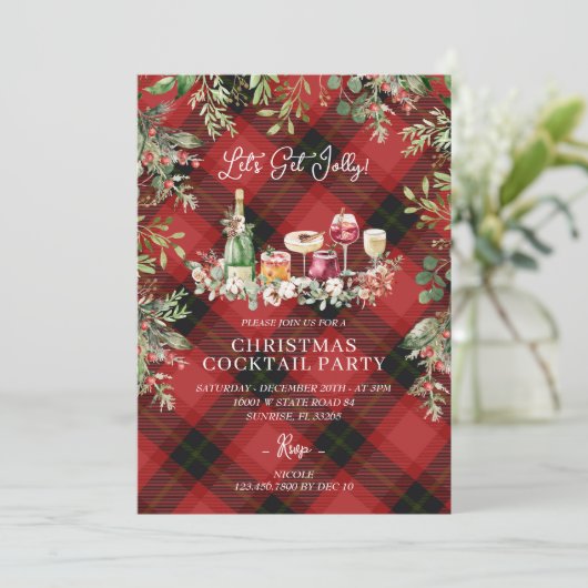 赤い格子模様のクリスマスカクテルが届くすてき 招待状 (スタンド正面)