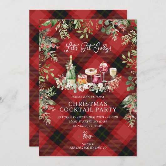 赤い格子模様のクリスマスカクテルが届くすてき 招待状 (正面/裏面)