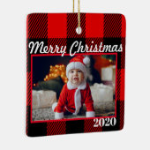 赤い格子模様のクリスマスフォトモダン2面 セラミックオーナメント (右)
