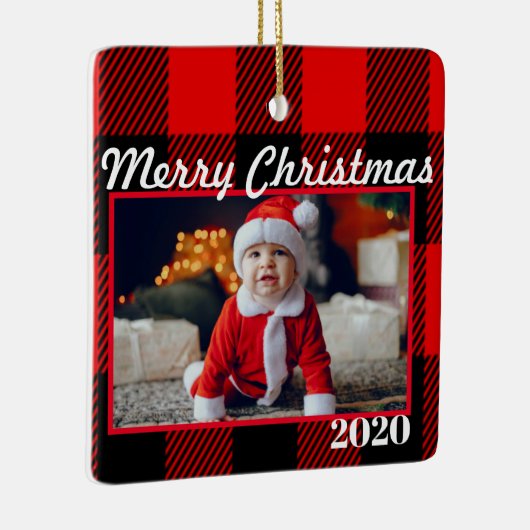 赤い格子模様のクリスマスフォトモダン2面 セラミックオーナメント (右)