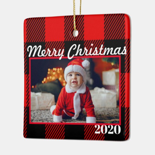 赤い格子模様のクリスマスフォトモダン2面 セラミックオーナメント (左)
