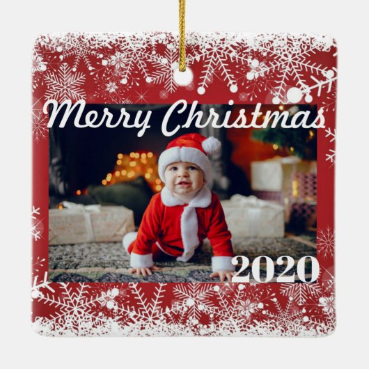 赤い格子模様のクリスマスフォトモダン2面 セラミックオーナメント (裏面)