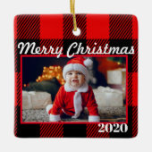 赤い格子模様のクリスマスフォトモダン2面 セラミックオーナメント (正面)
