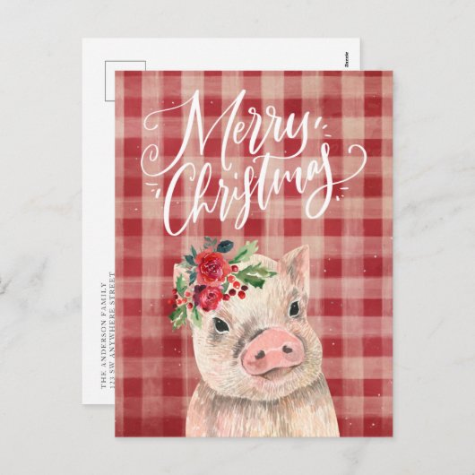赤い格子模様のクリスマスブタ シーズンポストカード (正面/裏面)