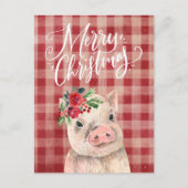 赤い格子模様のクリスマスブタ シーズンポストカード (正面)