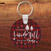 赤い格子模様のクリスマスプレゼントの素晴らしい時間 キーホルダー (正面)