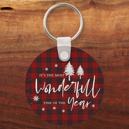 赤い格子模様のクリスマスプレゼントの素晴らしい時間 キーホルダー (正面)