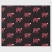 赤い格子模様のクリスマスライトベアーサンタハット ラッピングペーパー (フラット)