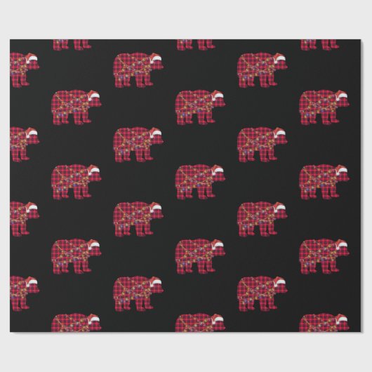 赤い格子模様のクリスマスライトベアーサンタハット ラッピングペーパー (フラット)