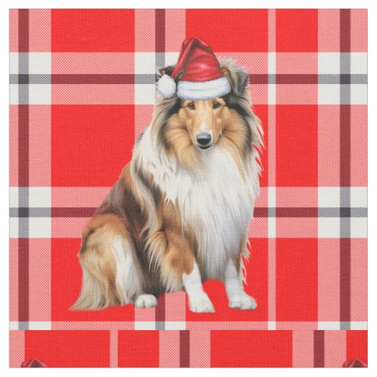 赤い格子模様のクリスマスラフなコリー犬 ファブリック (クローズアップ)