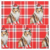 赤い格子模様のクリスマスラフなコリー犬 ファブリック (見本)
