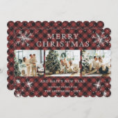 赤い格子模様のスパークリースノーフレーク3フォトコラージュ シーズンカード (正面/裏面)