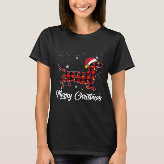 赤い格子模様のダックスシュントのクリスマスライト Tシャツ (正面)