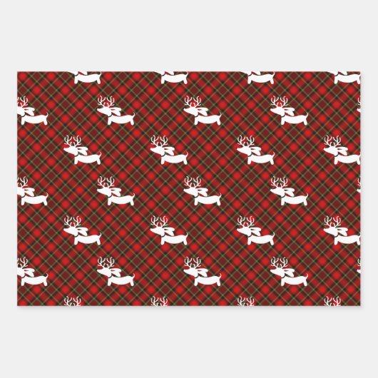 赤い格子模様のダックスフントをテーマにしたクリスマス ラッピングペーパーシート (正面3)