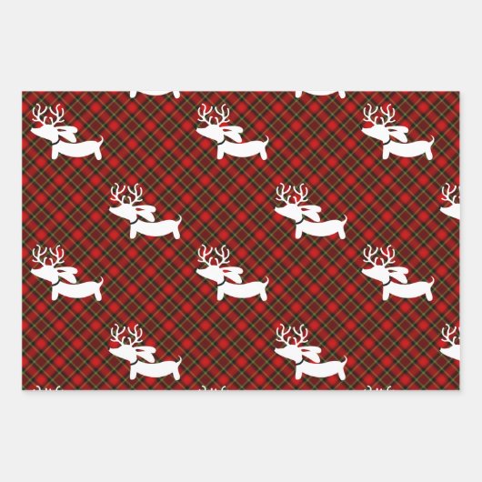 赤い格子模様のダックスフントをテーマにしたクリスマス ラッピングペーパーシート (正面)