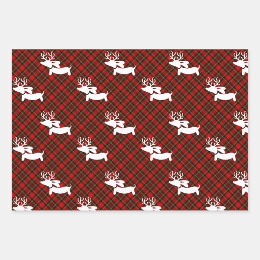 赤い格子模様のダックスフントをテーマにしたクリスマス ラッピングペーパーシート (正面3)