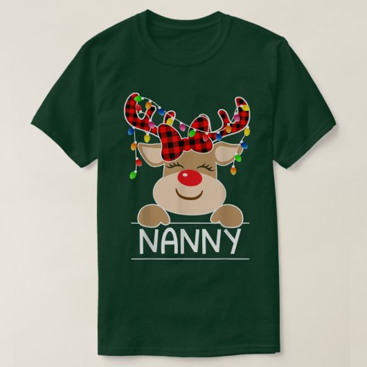 赤い格子模様のトナカイのナニークリスマスライトクリスマス Tシャツ (デザイン正面)