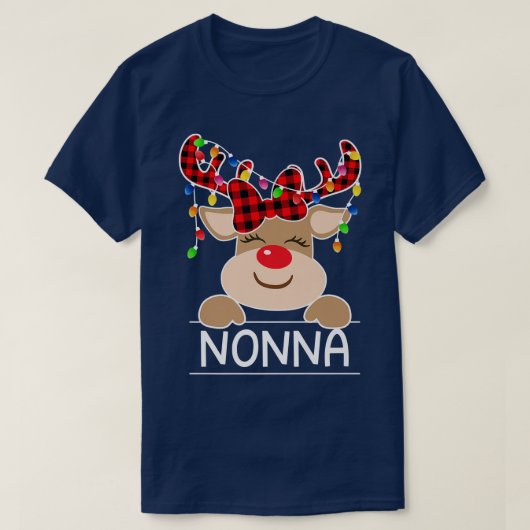 赤い格子模様のトナカイのノンナクリスマスライトクリスマス Tシャツ (デザイン正面)