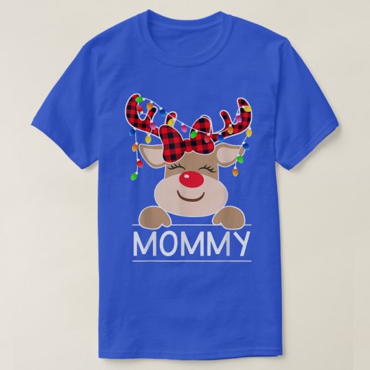 赤い格子模様のトナカイのママのクリスマスライトクリスマス Tシャツ (デザイン正面)