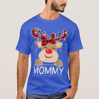 赤い格子模様のトナカイのママのクリスマスライトクリスマス Tシャツ